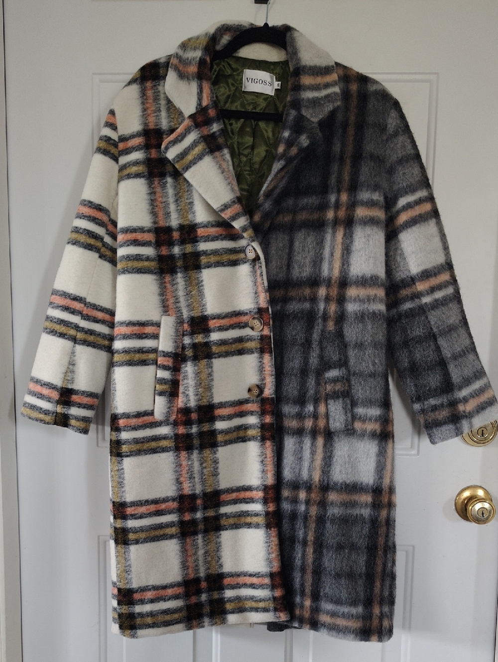 Vigoss Two-Tone Plaid Long Coat in White, Gray & Tan